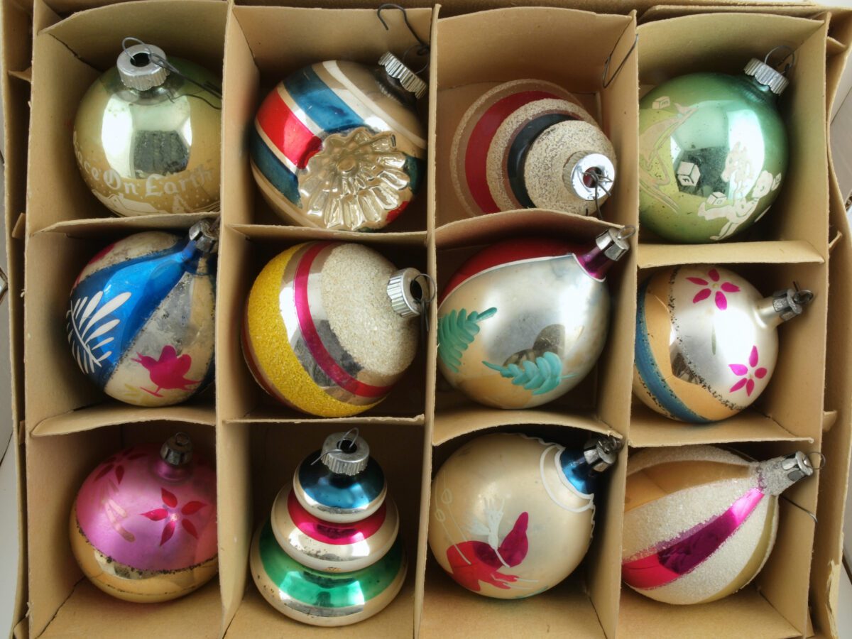 Box of Shiny Brite ornaments