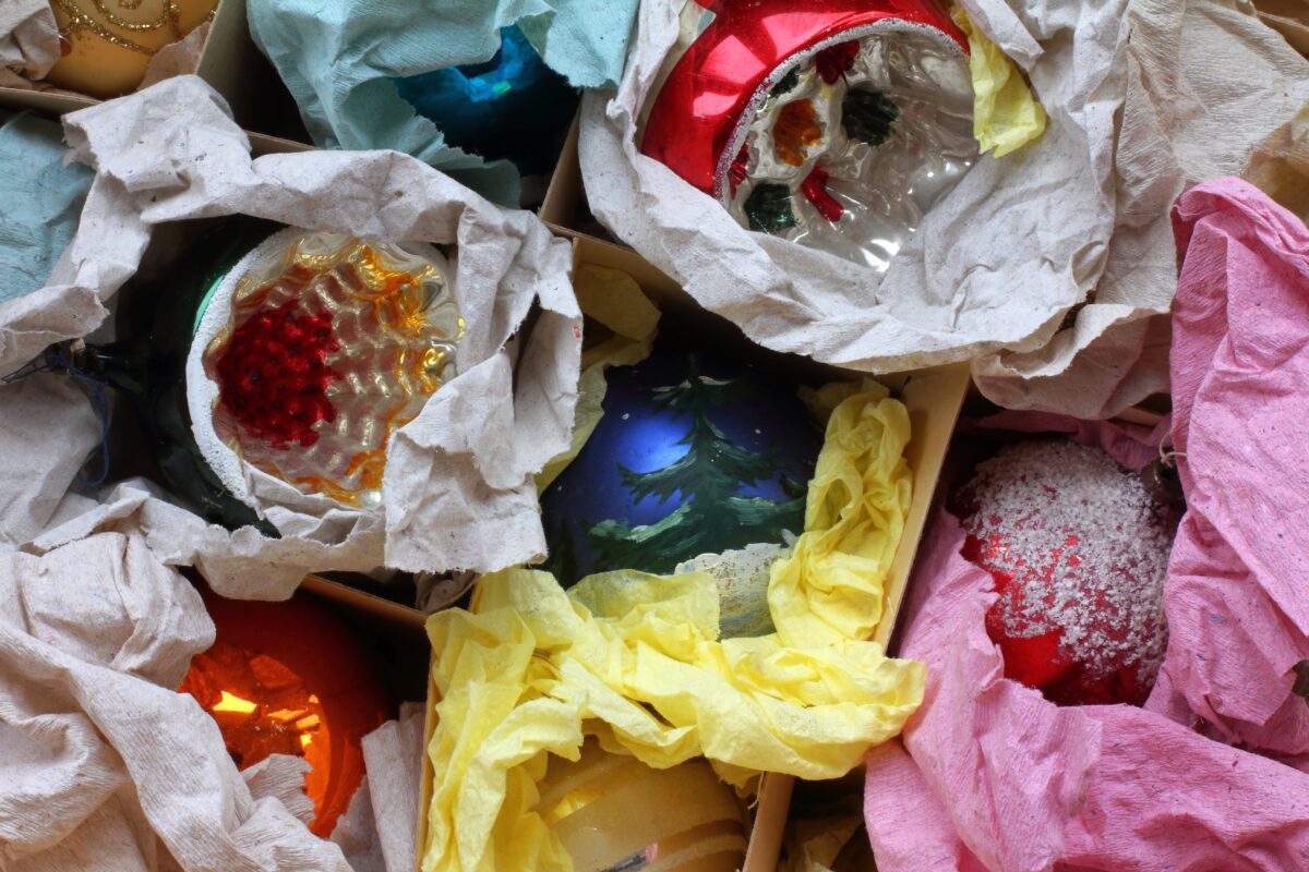 Christmas ornaments wrapped in tissue paper. 