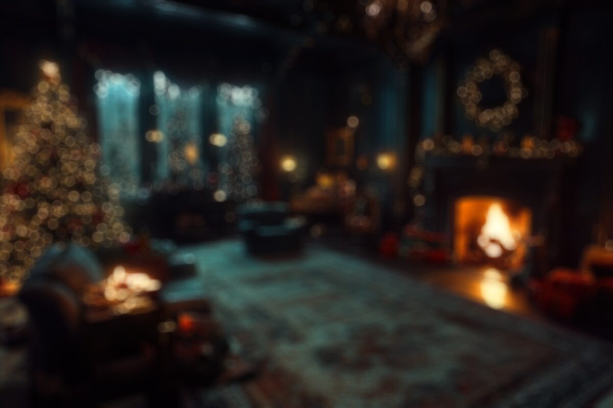 Dark living room decorated for Christmas. 