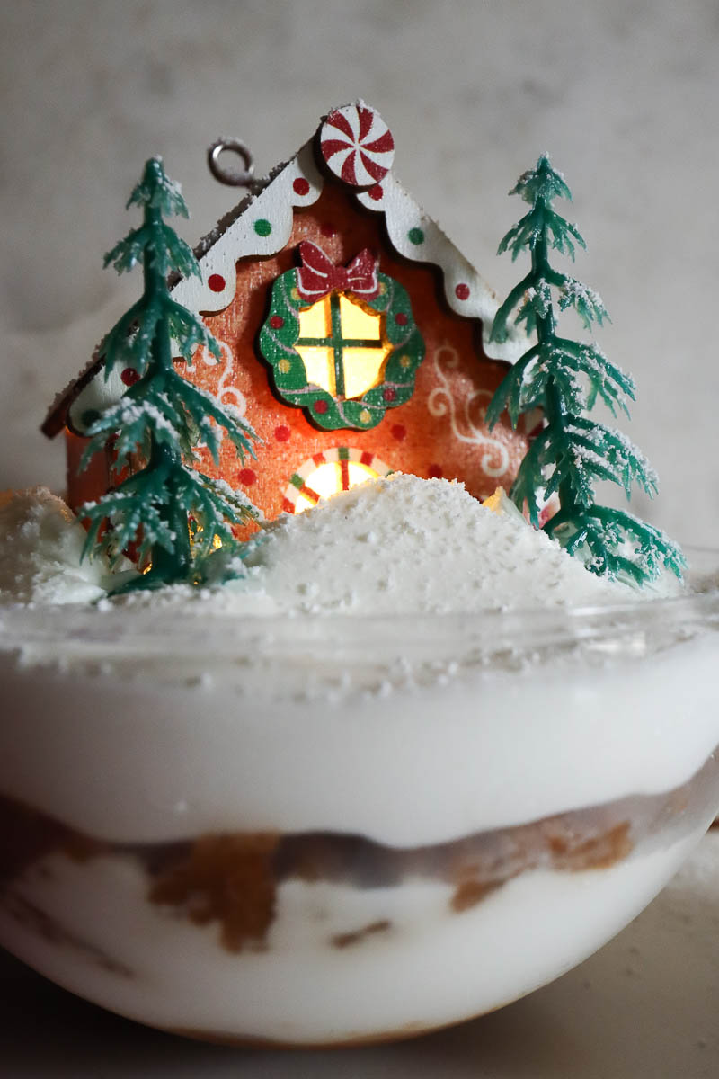 close up of decorations in snow globe dessert