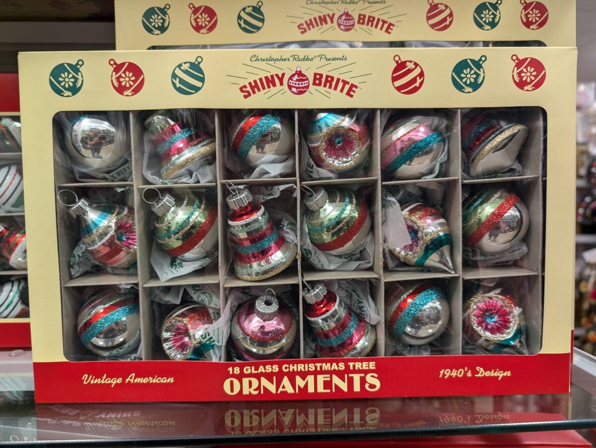 Box of Christopher Radko Shiny Brite ornaments