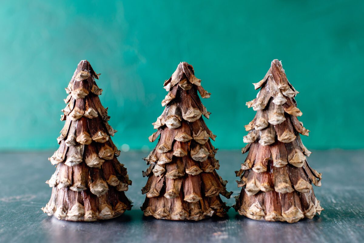 Three handcrafted pine cone trees with textured green background.