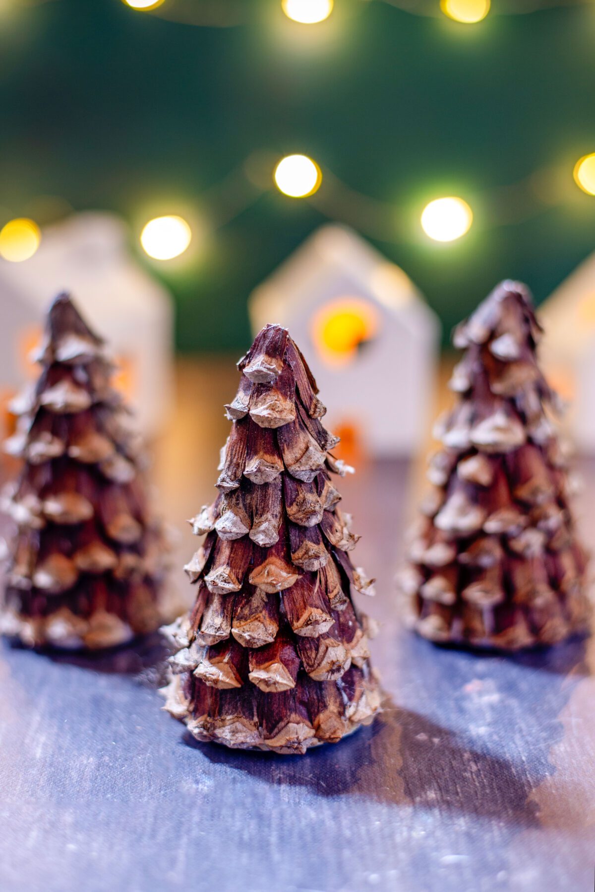 Decorative pine cone trees in foreground with fairy lights and mini houses.