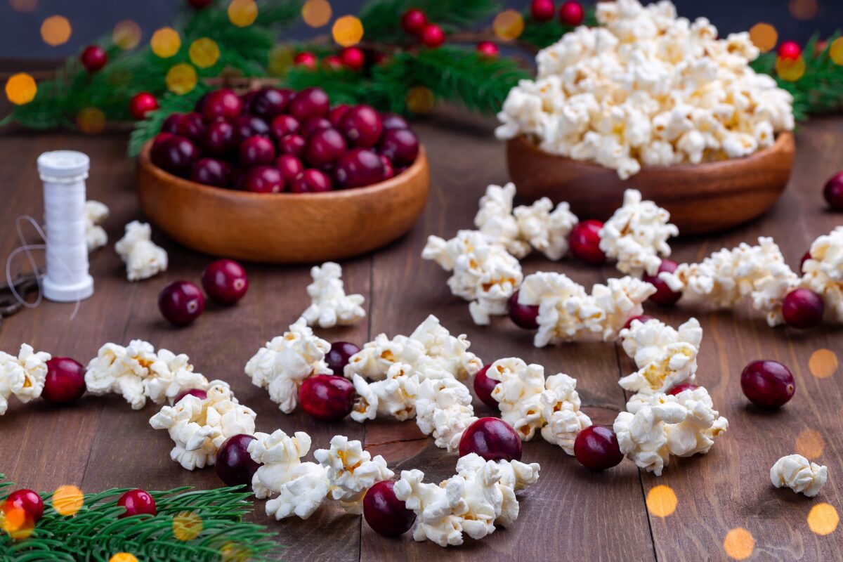 popcorn garland and bowls of cranberries and popcorn 