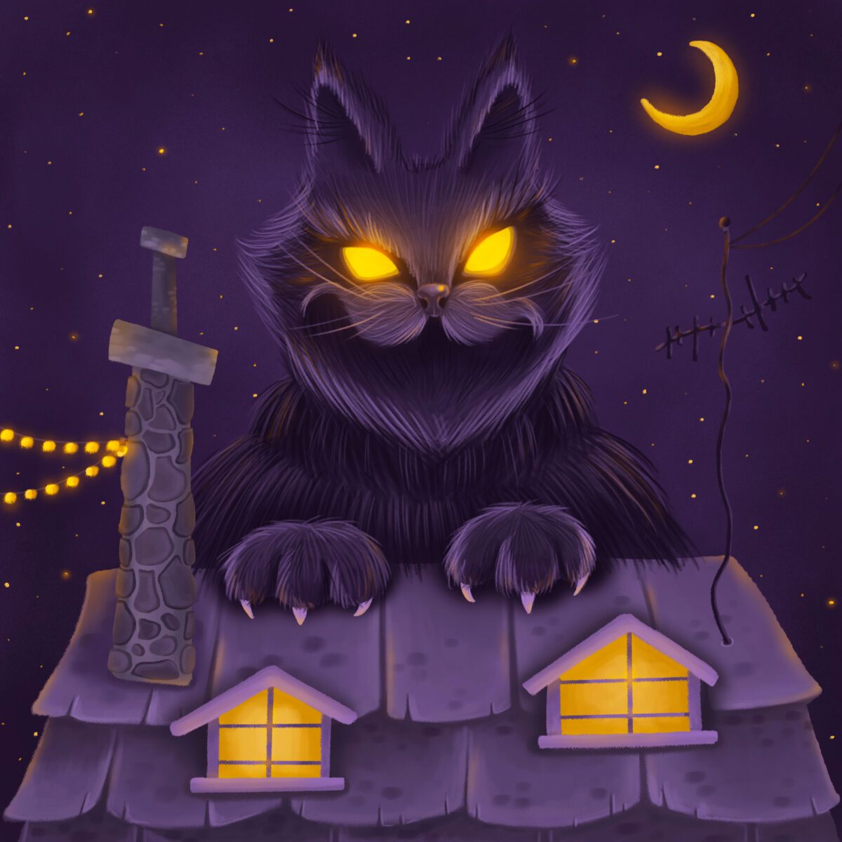 Giant cat with glowing eyes, paws resting on the roof of a house.