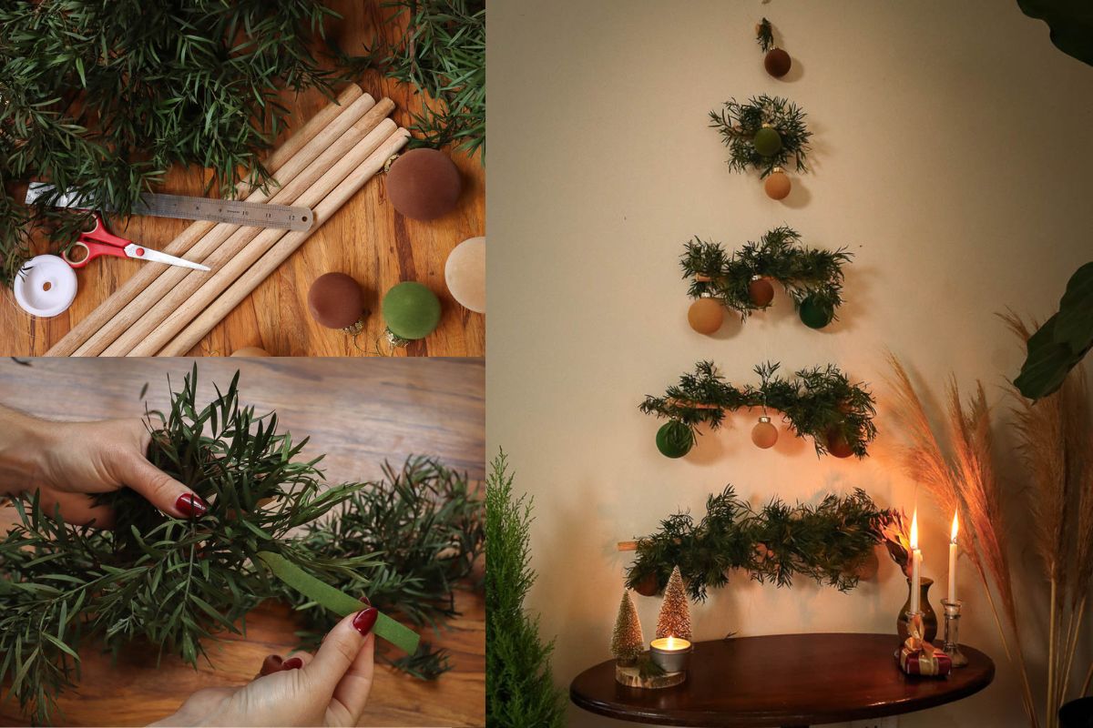 Collage of photos for a DIY wall Christmas tree