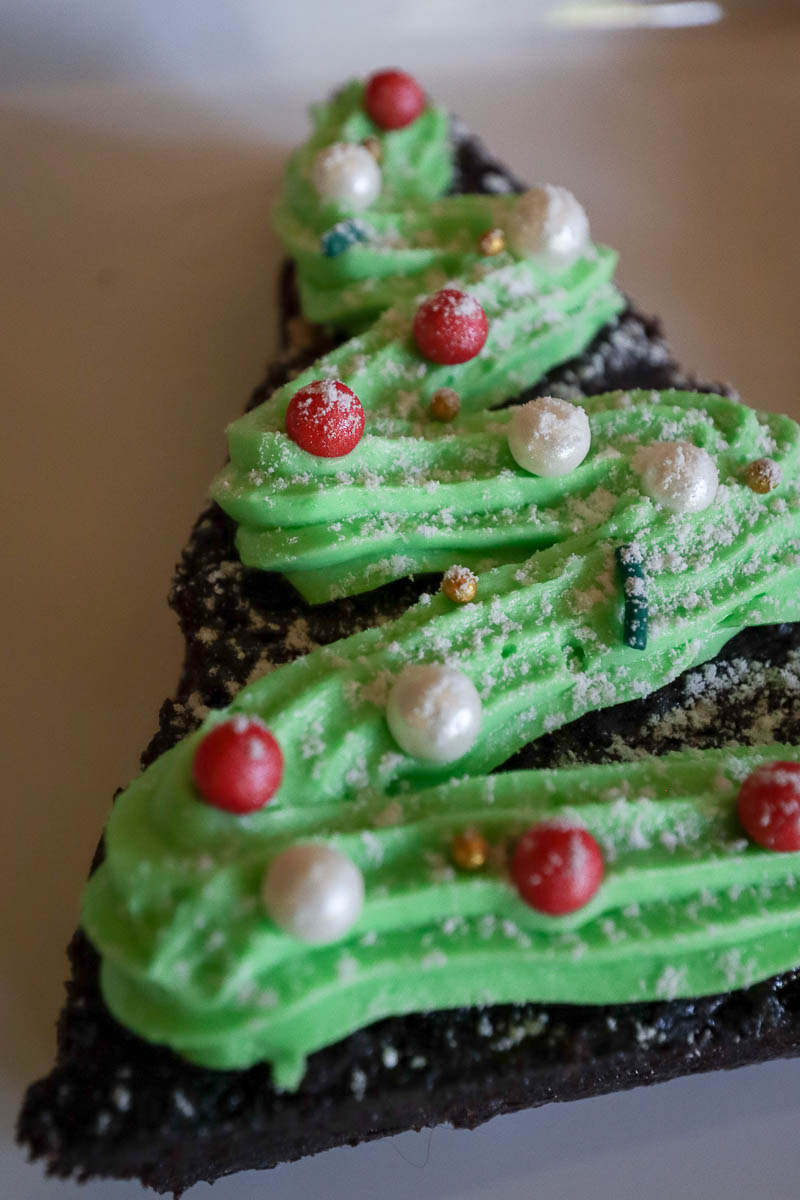 Brownie decorated to look like a Christmas tree. 