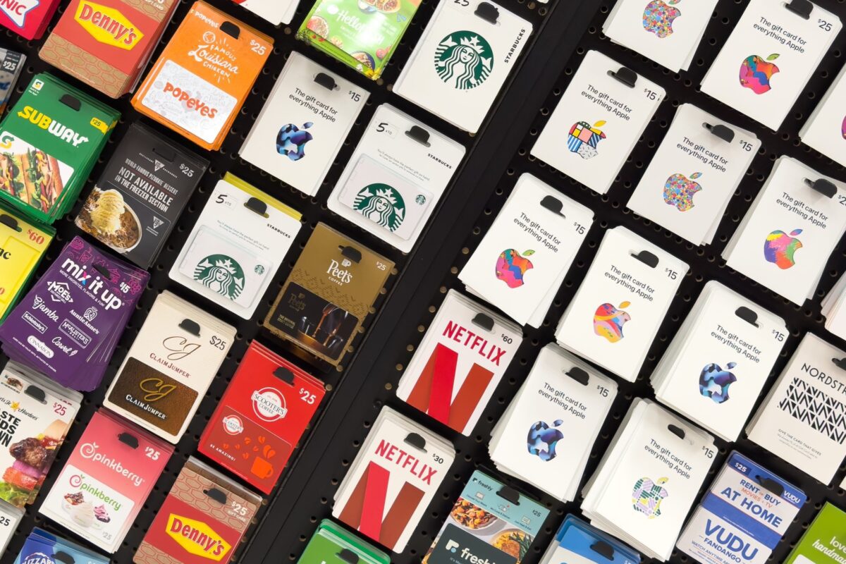 A display of gift cards in a store