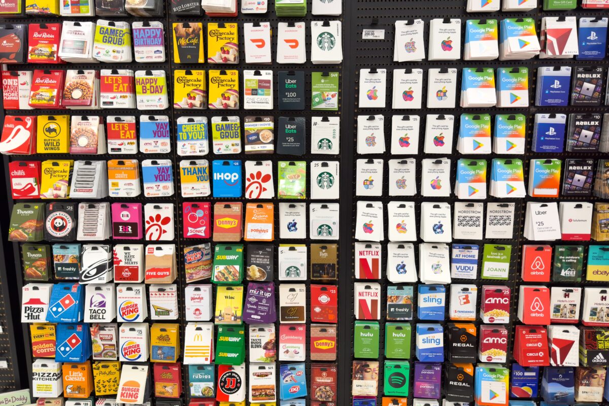 Wall of gift cards in a store